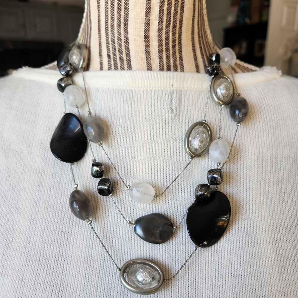 Designer New York Three Strand Silvertone Necklace w/ Various Stones & Beads